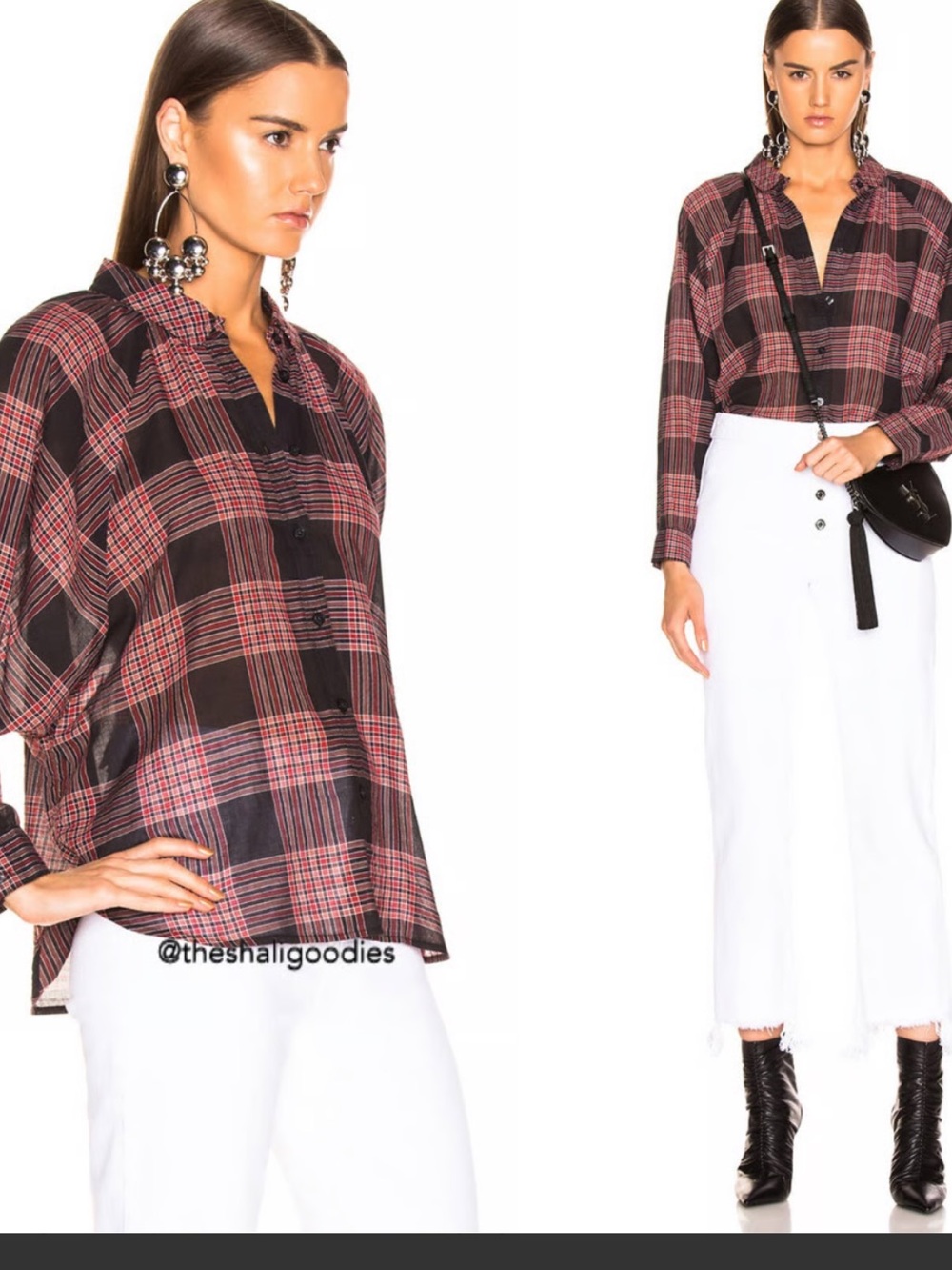 Plaid Button-Front Relaxed Shirt - Black & Pink